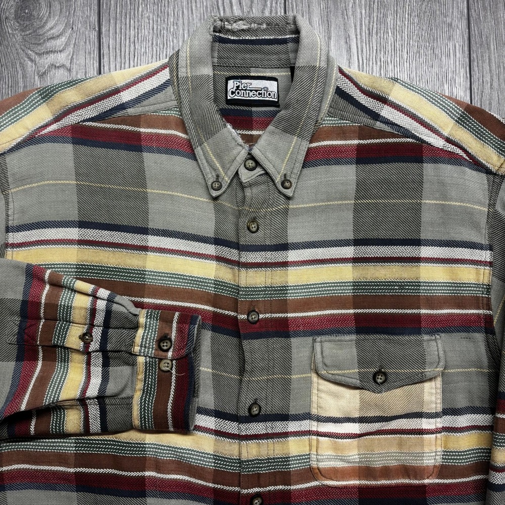 Pier Connection Mens XL Plaid Button Down Shirt Grey Red Cotton Long Sleeve Vtg